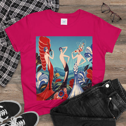 🌹🎭 The Three Ladies Of The Floral Promenade Cotton Tee – Art Deco Fashion Elegance