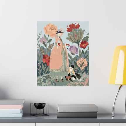 🌸🐈 The Lady And Puss In Boots Grand Floral Promenade Matte Vertical Poster – Art Deco Fashion Whimsy