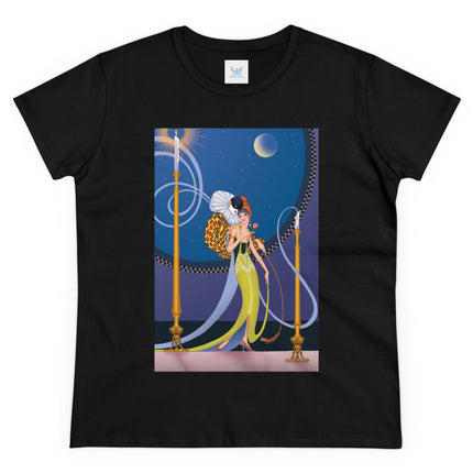 Smoke and Secrets: A Glamorous Encounter in Prohibition Era Women's Midweight Cotton Tee