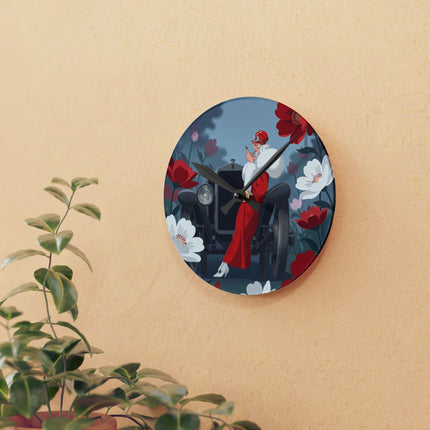 🚗🌺 The Lady Of The Scarlet Roadster Acrylic Wall Clock – Art Deco Motoring Elegance
