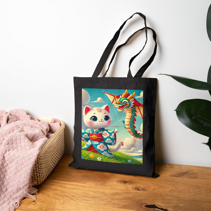 Geisha Kitten and the Dragon Kite Cotton Canvas Tote Bag – Joyful Flight & Dragon Spirit