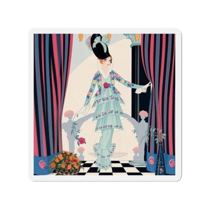 🌹🎭 The Lady Between The Curtains Die-Cut Magnets – Art Deco Floral Theatre