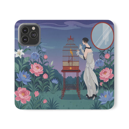 🐦🌸 The Lady And The Golden Bird Flip Case – Art Deco Floral Reverie
