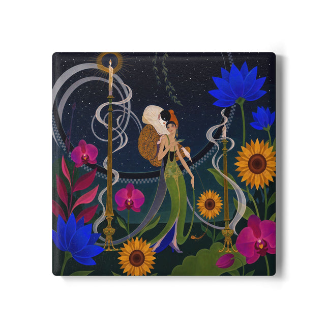 🌙🕯️ The Lady Of The Midnight Garden Ceramic Coaster – Art Deco Nocturne