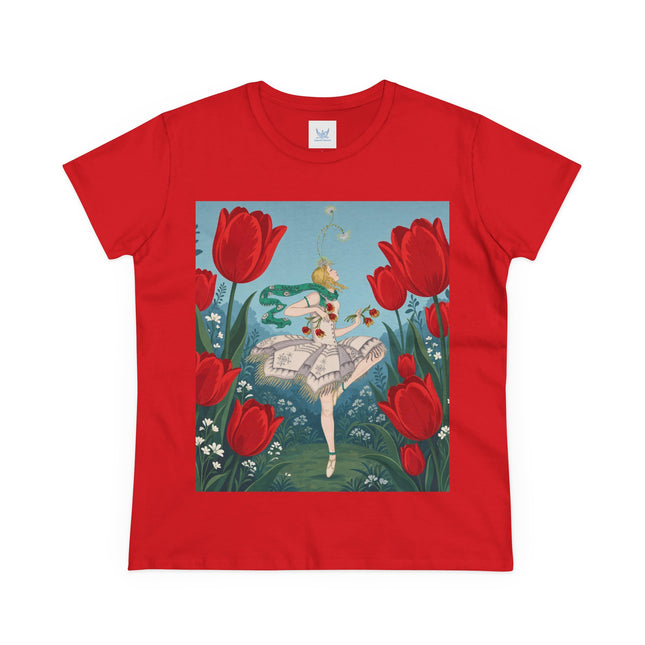 🌷🩰 The Scarlet Tulip Ballet Cotton Tee – Art Deco Floral Whimsy