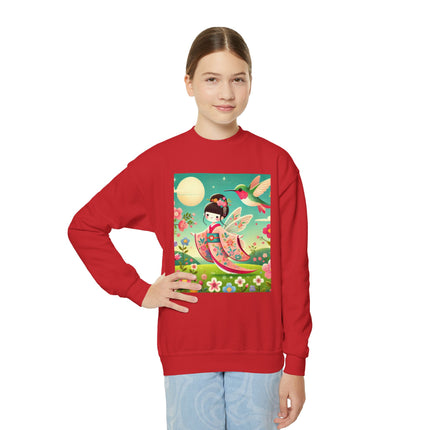 Geisha Fairy and the Hummingbird Blossom Youth Crewneck Sweatshirt – Magic, Grace & Dreamlike Beauty
