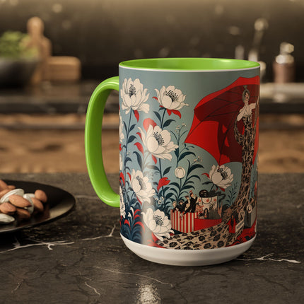 ❤️🌺 The Scarlet Parasol Spectacle Colorful Mug – Art Deco Fashion Elegance