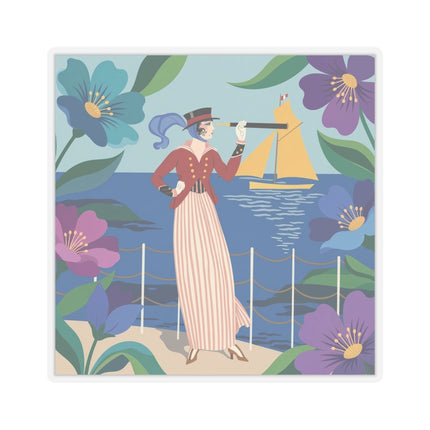 🌊🔭 The Lady Of The Seaside Lookout Kiss-Cut Stickers – Art Deco Nautical Adventure