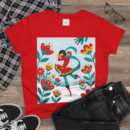 ⛸️🌺 The Winter Flower Skater Cotton Tee – Whimsical Winter Fashion