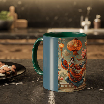 Golden Dragon & Lantern Lady Colorful Mug – Imperial Dragon & Elegant Harmony