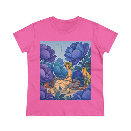 💙🌸 The Lady Among The Blue Blossoms Cotton Tee – Art Deco Floral Reverie