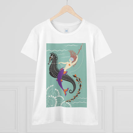 Mermaid on Seahorse Women's Midweight Cotton Tee – Dreamy Ocean Fantasy