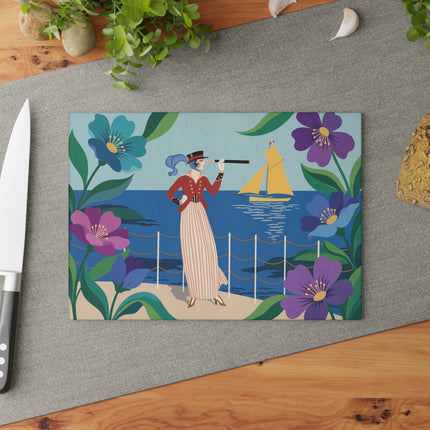 🔭⛵ The Lady Of The Seaside Spyglass Glass Cutting Board – Art Deco Coastal Elegance