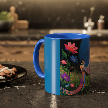 The Lady And The Moonlit Peak Colorful Mugs – Art Deco Alpine Garden Elegance
