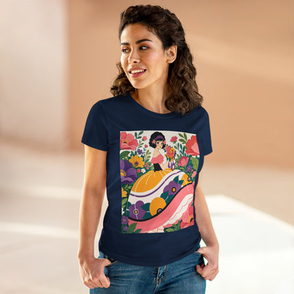 🌸💜 The Girl With The Flower Bouquet Cotton Tee – Art Deco Floral Whimsy