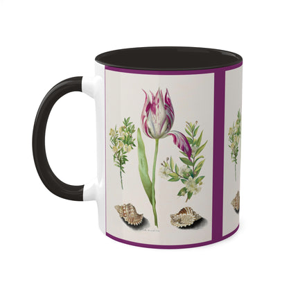 Tulip, Branches of Myrtle and Shells by Maria Sibylla Merian Colorful Mugs, 11oz