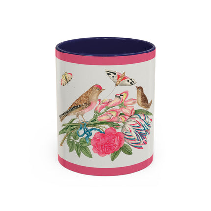 Pair of brown birds on bouquet with tulip, rose, and snapdragons, with butterflies by AnonymousAccent Coffee Mug, 11oz