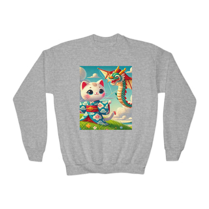 Geisha Kitten and the Dragon Kite Youth Crewneck Sweatshirt – Freedom, Motion & Playful Spirit