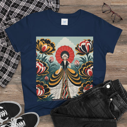 ❤️🌺 The Scarlet Parasol Garden Cotton Tee – Art Deco Floral Elegance