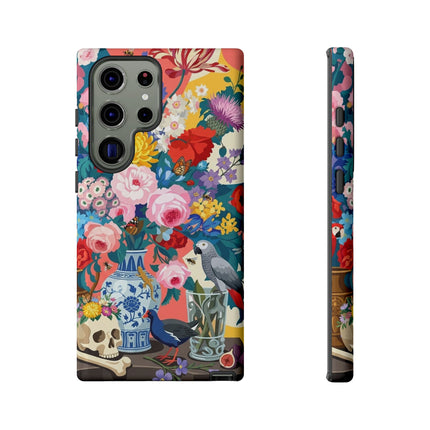 Floral Vanitas Phone Case – Parrot & Porcelain Splendor
