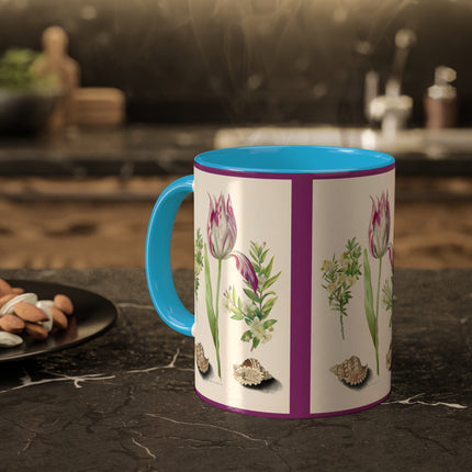 Tulip, Branches of Myrtle and Shells by Maria Sibylla Merian Colorful Mugs, 11oz
