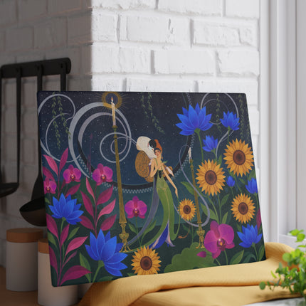 🌻🌙 The Midnight Sunflower Garden Glass Cutting Board – Art Deco Floral Fantasy