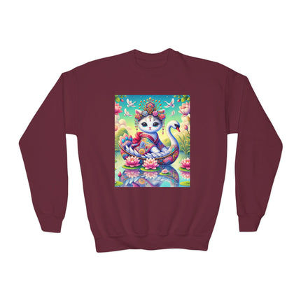 Geisha Kitten’s River Voyage Youth Crewneck Sweatshirt – Grace, Adventure & Storybook Charm