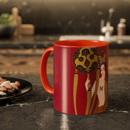 Butterfly Empress of the Crimson Pavilion Colorful Mug (11oz, 15oz) – Art Deco Beauty, Butterfly Elegance & Ornamental Style