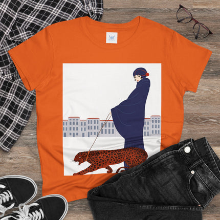 🐆🖤 The Lady With The Leopard Cotton Tee – Art Deco Fashion Illustration