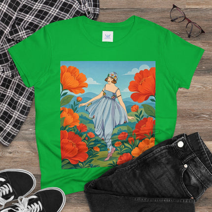 🌺🩵 The Poppy Hill Promenade Cotton Tee – Art Deco Fashion Whimsy
