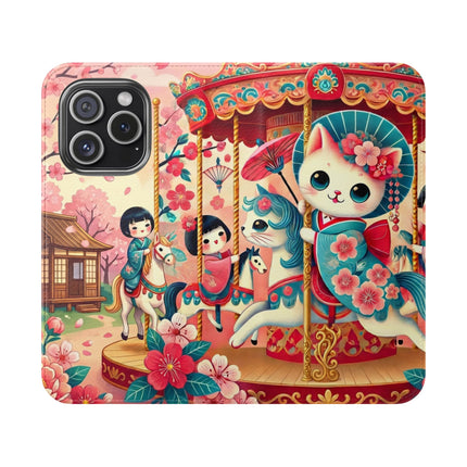 🎠🌸 Geisha Kitten's Enchanted Carousel Flip Case – Whimsical Dreams & Cherry Blossom Magic