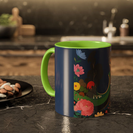 The Lady And The Crimson Moonbird Colorful Mugs – Art Deco Whimsical Garden Elegance