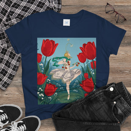 🌷🩰 The Scarlet Tulip Ballet Cotton Tee – Art Deco Floral Whimsy