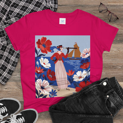 ⚓🌺 The Seaside Flower Adventurer Cotton Tee – Art Deco Nautical Fashion