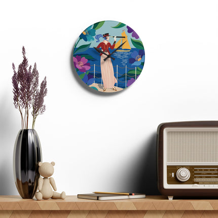 🔭⛵ The Lady Of The Seaside Spyglass Acrylic Wall Clock – Art Deco Coastal Elegance