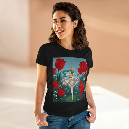 🌷🩰 The Scarlet Tulip Ballet Cotton Tee – Art Deco Floral Whimsy