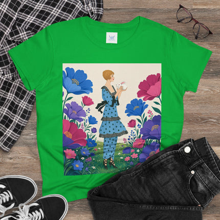 🐇🌺 The Little Rabbit Garden Cotton Tee – Art Deco Floral Whimsy
