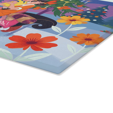 🎄🌸 Christmas Morning Embrace Glass Cutting Board – Whimsical Holiday Fantasy