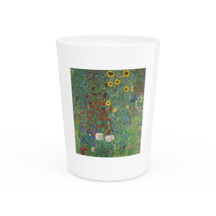 Farm Garden with Sunflowers by Gustav Klimt Ceramic Shot Glass
