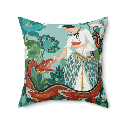 🐉🌿 The Dragon Keeper Square Pillow – Art Deco Floral Fantasy