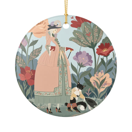 🌹🐈 The Lady And Puss In Boots Ceramic Ornament – Art Deco Floral Whimsy