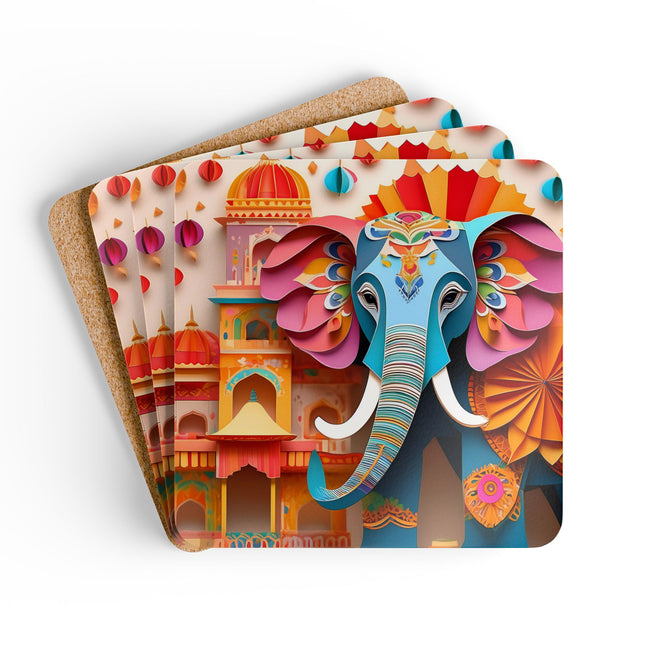 Elephant at an Autumn Festival Corkwood Coaster Set
