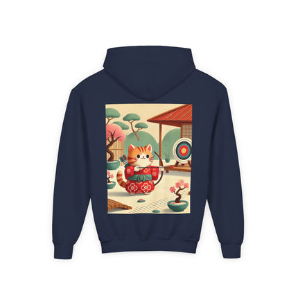 Archer Kitten in the Zen Garden Youth Hooded Sweatshirt – Calm Focus & Playful Strength