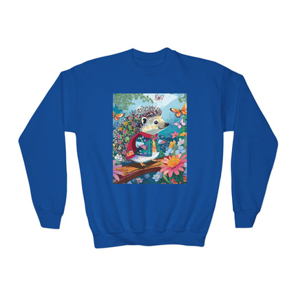 Cute Hedgehog Youth Crewneck Sweatshirt – Garden Adventure & Whimsical Charm