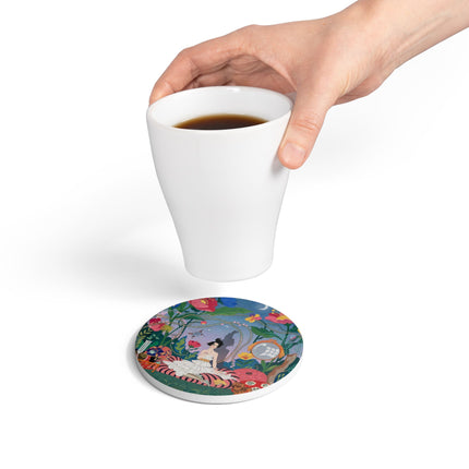 🌙🌺 The Lady Of The Midnight Garden Ceramic Coaster – Art Deco Floral Reverie