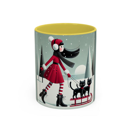 Red Sled & Curious Cats Colorful Mugs (11oz, 15oz)