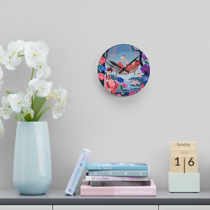 🌸🪽 The Garden Of Little Cupids Acrylic Wall Clock – Art Deco Floral Fantasy