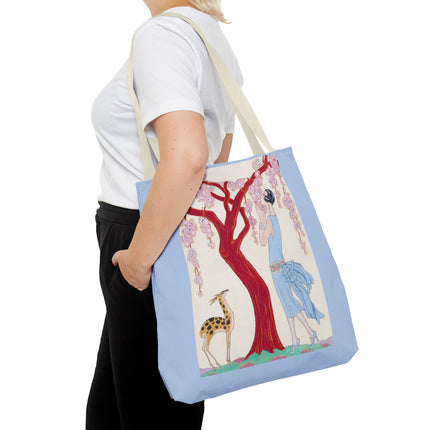 Woman, Fawn, and Red Tree by George Barbier Tote Bag (AOP)