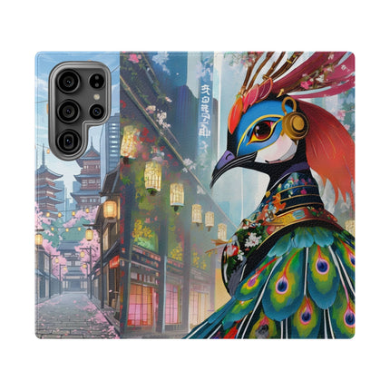 🦚🌸 Techno Plumes Peacock Flip Case – Neon Elegance & Sakura Dreams