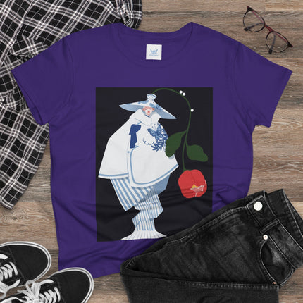 Blue & White Porcelain Geisha Women's Midweight Cotton Tee – Refined Elegance & Timeless Charm